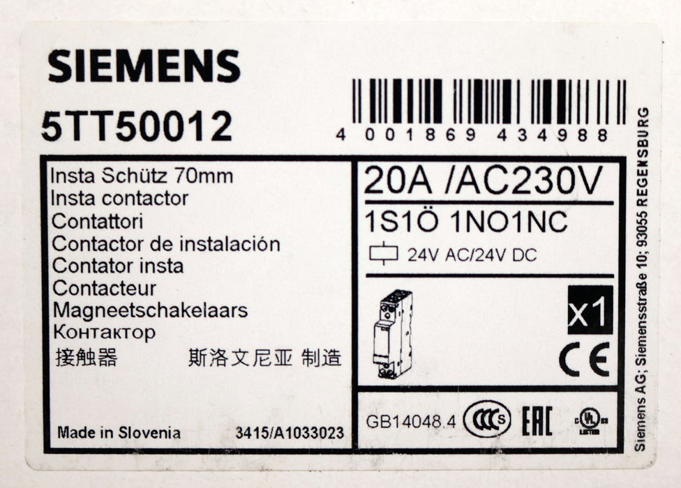 Bild des Artikels SIEMENS-Insta-Schütz-70mm-5TT50012-20A-230VAC-24VAC/DC-unbenutzt-in-OVP