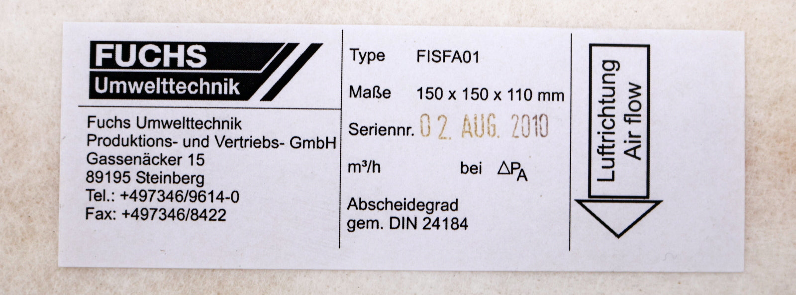 Bild des Artikels FUCHS-Luftfilterelement-Typ-FISFA01-Maße-150x150x110mm-DIN24184-unbenutzt