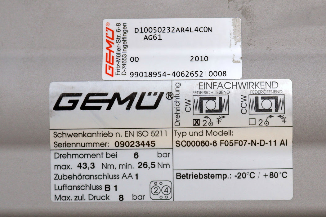 Bild des Artikels GEMÜ-Schwenkantrieb-mit-Absperrklappe-Typ-SC00060-6-Model-F05F07-N-D-11-AI