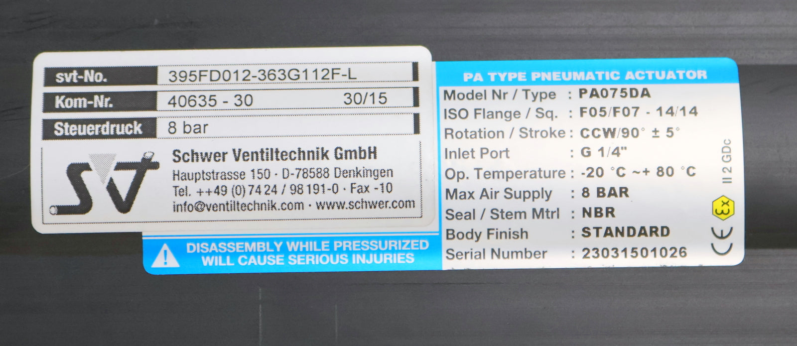 Bild des Artikels SV-pneumatischer-Stellantrieb-Type-PA075DA-svt-No.-395FD012-363G112F-L-max.-8bar