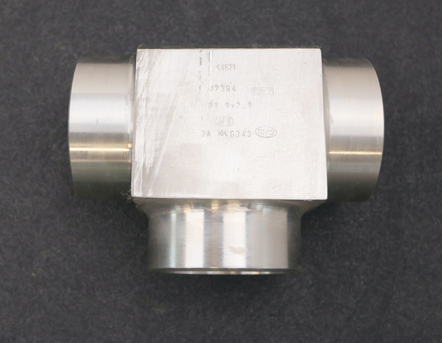 Bild des Artikels KG-Schweiß-T-Stück-nach-DIN2615-Abmessungen-88,9x2,9mm-Edelstahl-1.4571-V4A