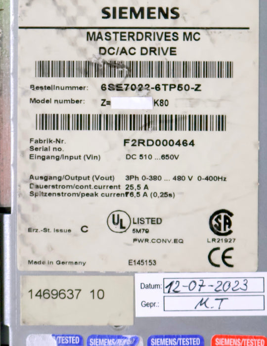Bild des Artikels SIEMENS-MASTERDRIVES-Spannungszwischenkreisumrichter-6SE7022-6TP50-Z-Z=-K80