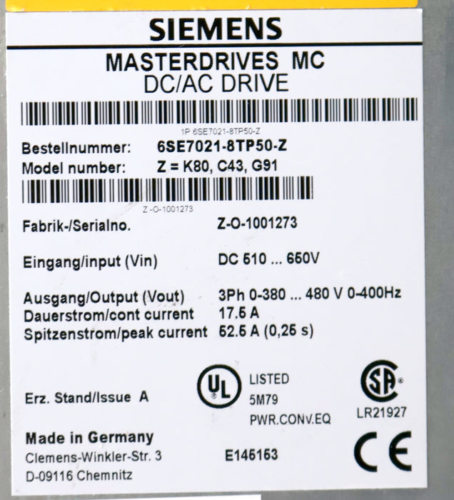 Bild des Artikels SIEMENS-MASTERDRIVES-Spannungszwischenkreisumrichter-6SE7021-8TP50-Z-Z=-G91+C43