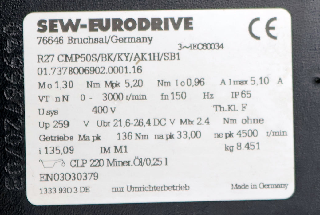 Bild des Artikels SEW-Servomotor-mit-Getriebe-R27-CMP50S/BK/KY/AK1H/SB1-Usys=-400V-Up=-259V
