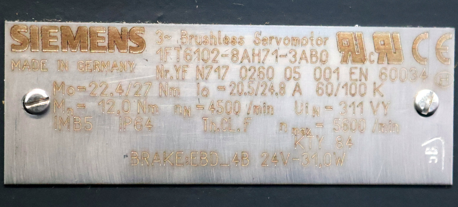 Bild des Artikels SIEMENS-Servo-Motor-1FT6102-8AH71-3AB0-UiN=-311V-I0=20,5/24,8A-nN=-4.500/min
