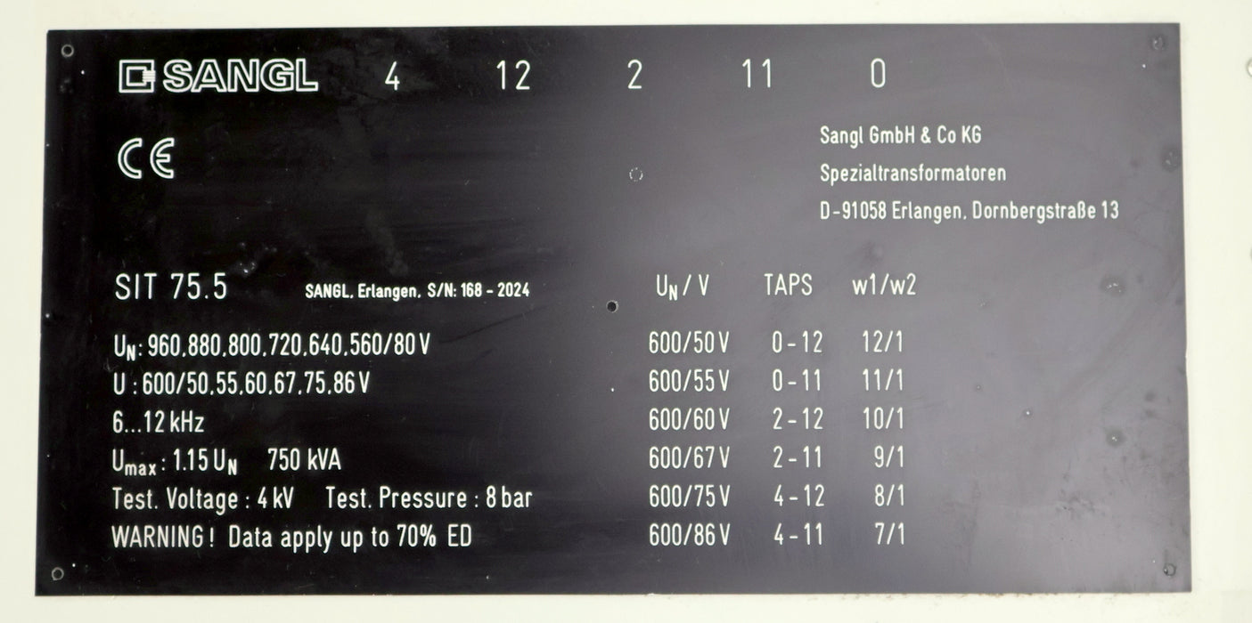 Bild des Artikels SANGL-Scheibentransformator-SIT-75.5-750kVA-50-86V-6-12KHz-unbenutzt