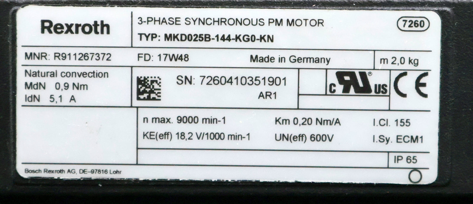 Bild des Artikels INDRAMAT-Servomotor-MKD025B-144-KG0-KN-Part.No.-R911267372-0,9Nm-5,1A-IP65