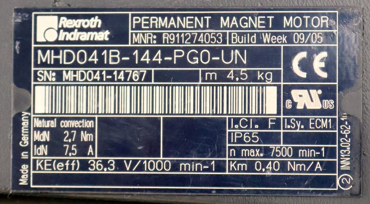 Bild des Artikels INDRAMAT-Servomotor-MHD041B-144-PG1-UN-Part.No.-R911274054-2,7Nm-7,5A-IP65
