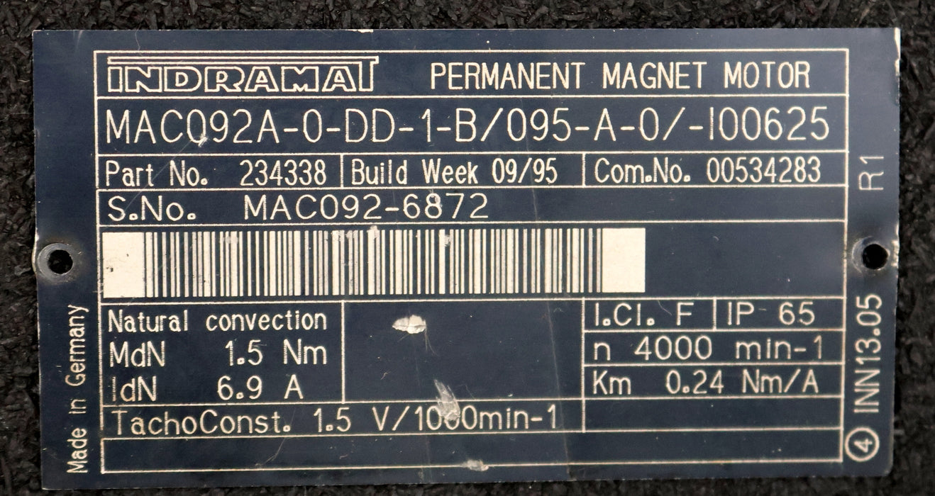 Bild des Artikels INDRAMAT-Servomotor-MAC092A-0-DD-1-B/095-A-0/-I00625-Part-No.-234338-MdN=-1,58Nm