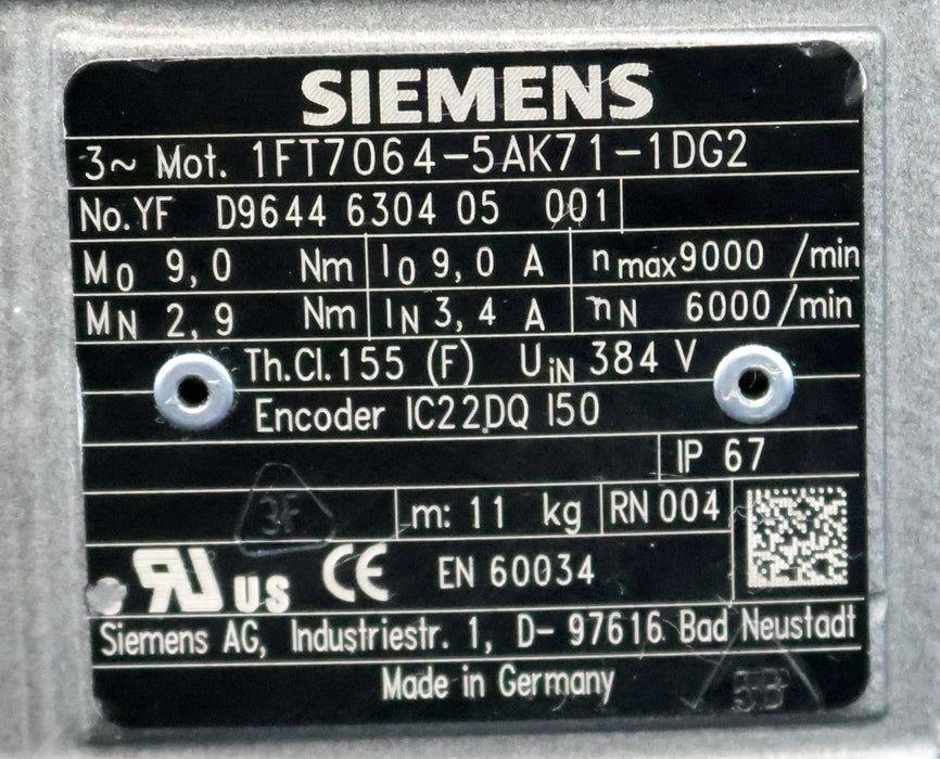Bild des Artikels SIEMENS-Servomotor-1FT7064-5AK71-1DG2-Mo=-9Nm-MN=-2,9Nm-nmax=-9000U/min