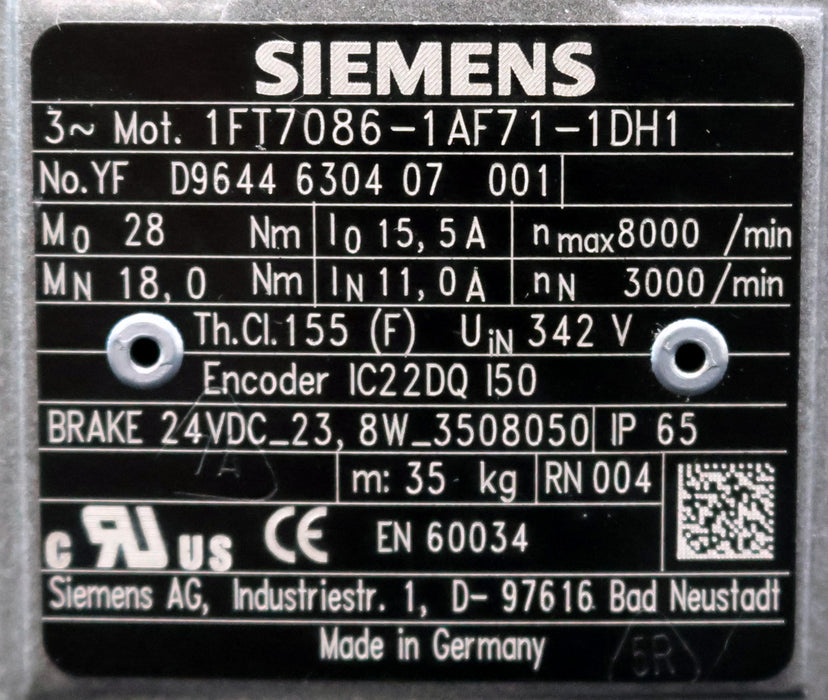 Bild des Artikels SIEMENS-Servomotor-1FT7086-1AF71-1DH1-Mo=-28Nm-MN=-18Nm-nmax=-8000U/min