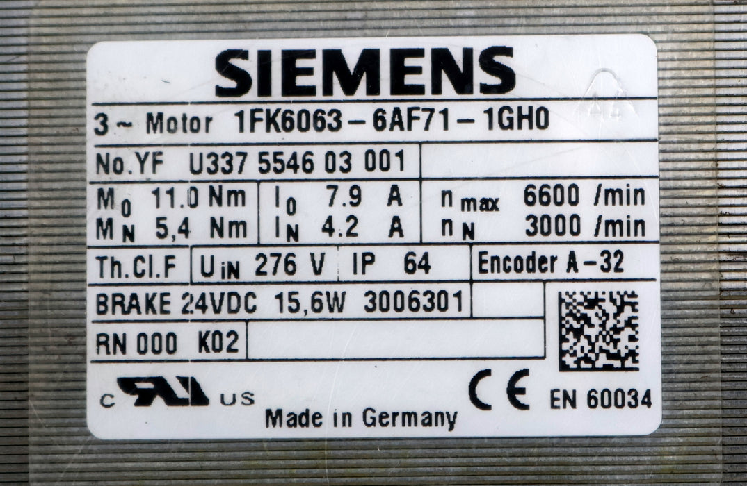 Bild des Artikels SIEMENS-Servomotor-1FK6063-6AF71-1GH0-Mo=-11Nm-MN=-5,4Nm-nmax=-6600U/min