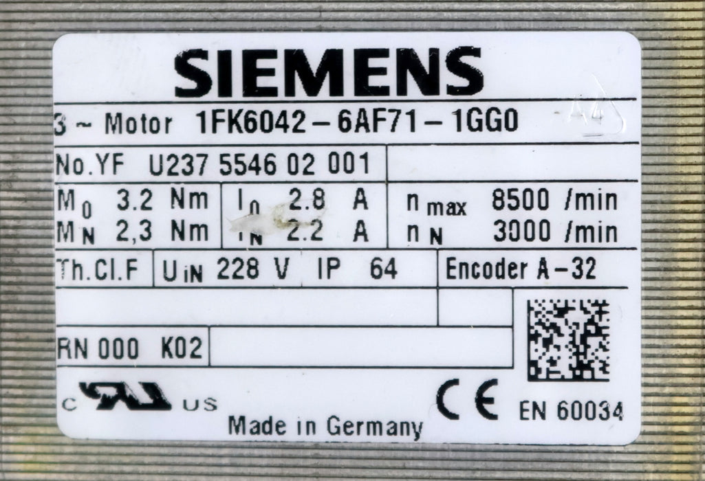 Bild des Artikels SIEMENS-Servomotor-1FK6042-6AF71-1GG0-Mo=-3,2Nm-MN=-2,3Nm-nmax=-8500U/min