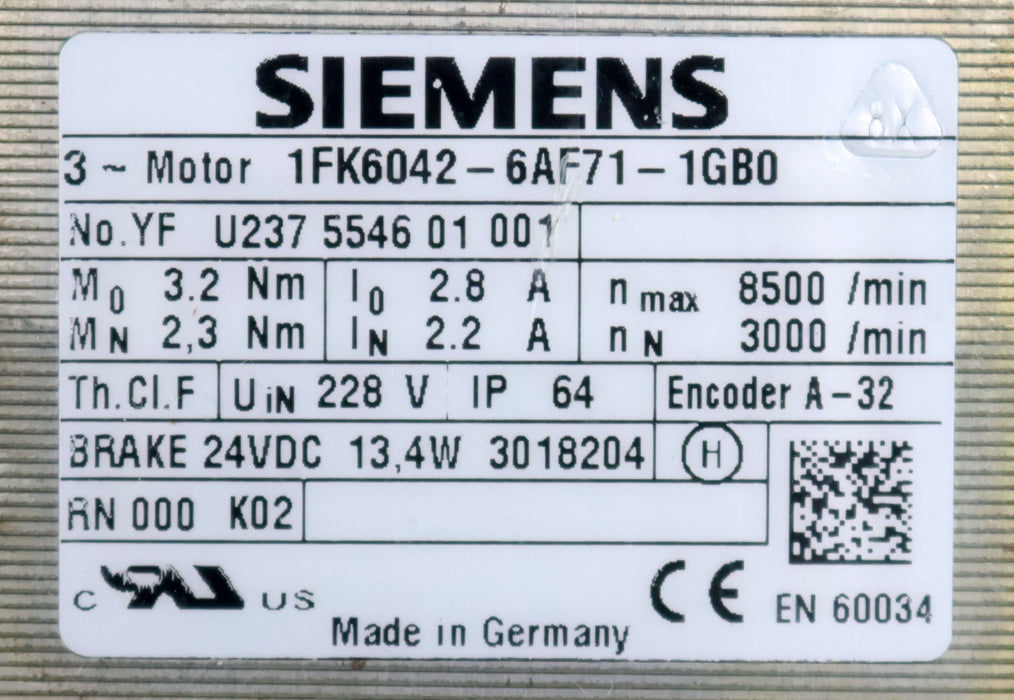 Bild des Artikels SIEMENS-Servomotor-1FK6042-6AF71-1GB0-Mo=-3,2Nm-MN=-2,3Nm-nmax=-8500U/min