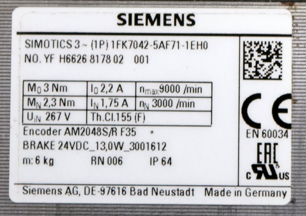 Bild des Artikels SIEMENS-SIMOTICS-3-Servomotor-1FK7042-5AF71-1EH0-Mo=-3Nm-MN=-2,3Nm