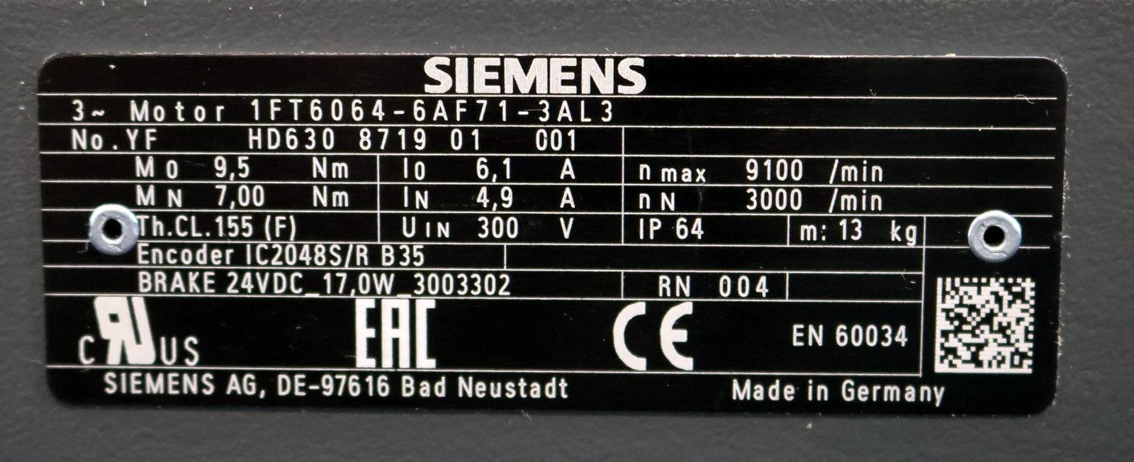 Bild des Artikels SIEMENS-Servomotor-1FT6064-6AF71-3AL3-Mo=-9,5Nm-MN=-7Nm-nmax=-9100U/min