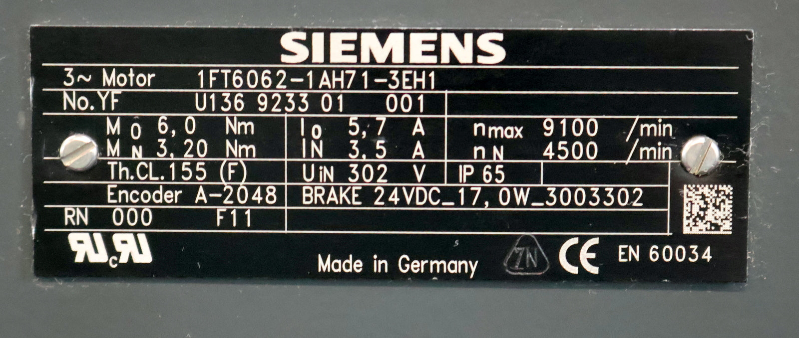 Bild des Artikels SIEMENS-Servomotor-1FT6062-1AH71-3EH1-Mo=-6Nm-MN=-3,2Nm-nmax=-9100U/min