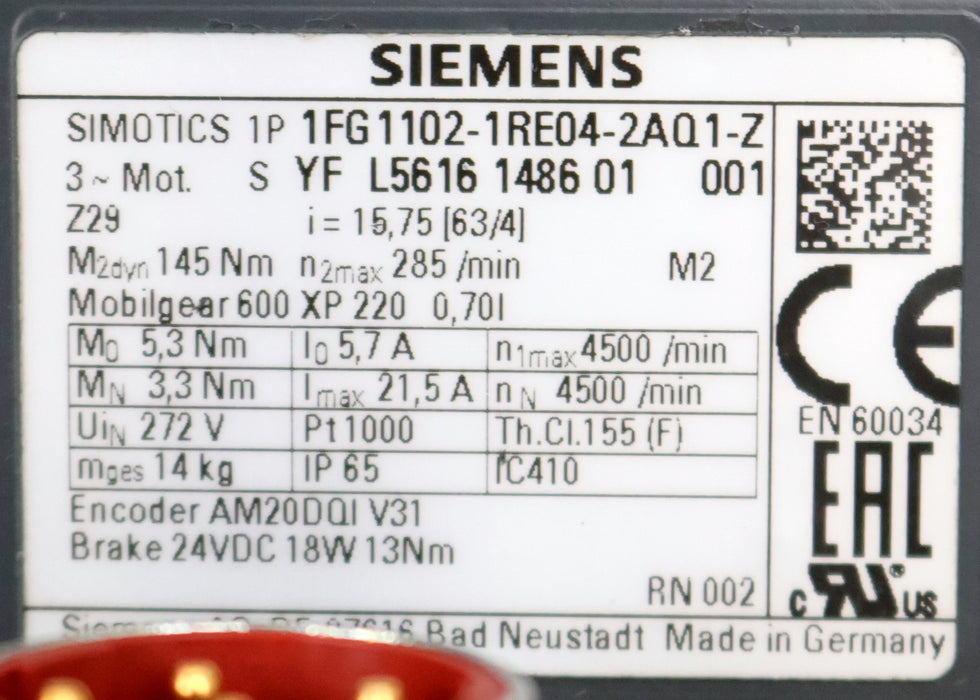 Bild des Artikels SIEMENS-Servo-Getriebemotor-1FG1102-1RE04-2AQ1-Z-i=-15,75-Z29-n2max=-285U/min