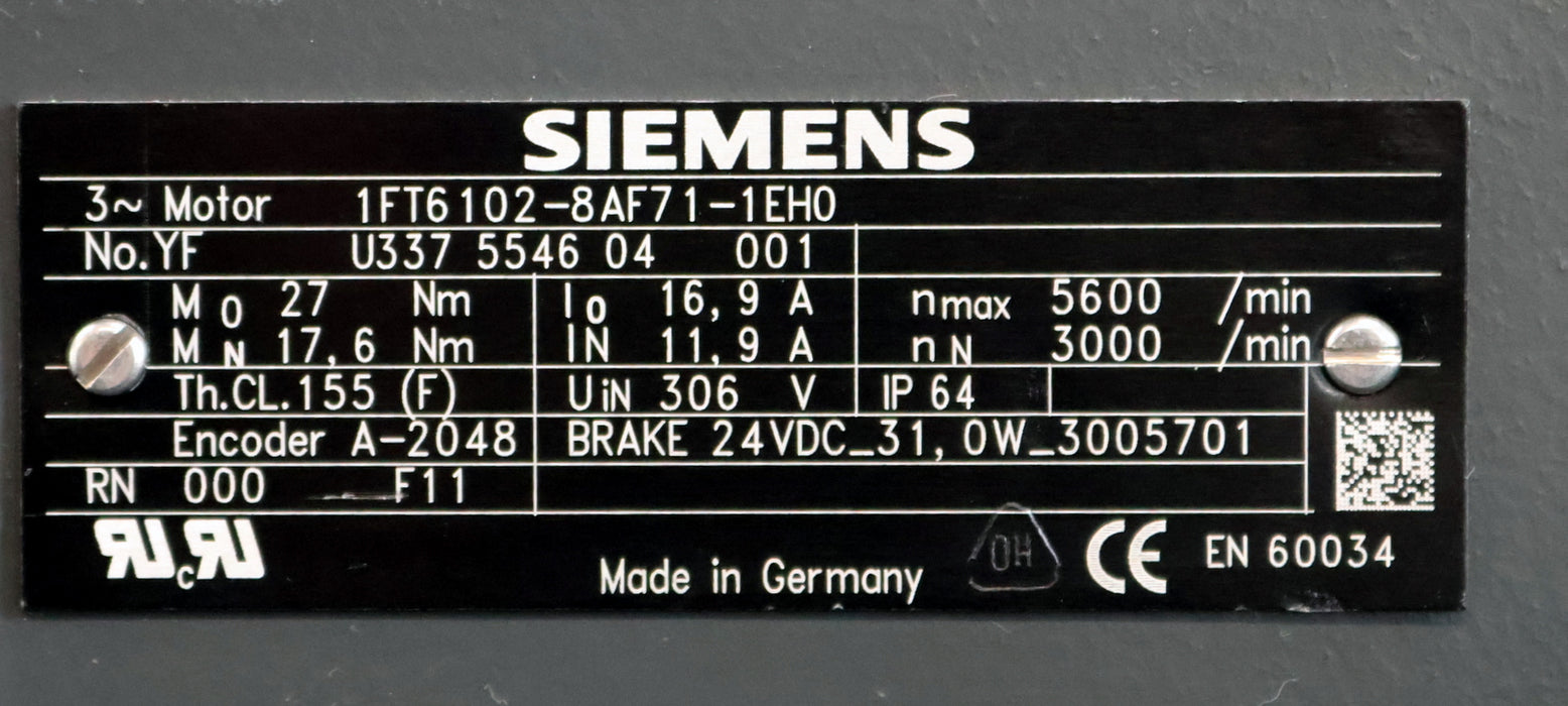 Bild des Artikels SIEMENS-Servomotor-1FT6102-8AF71-1EH0-Mo=-27Nm-MN=-17,6Nm-nmax=-5600U/min