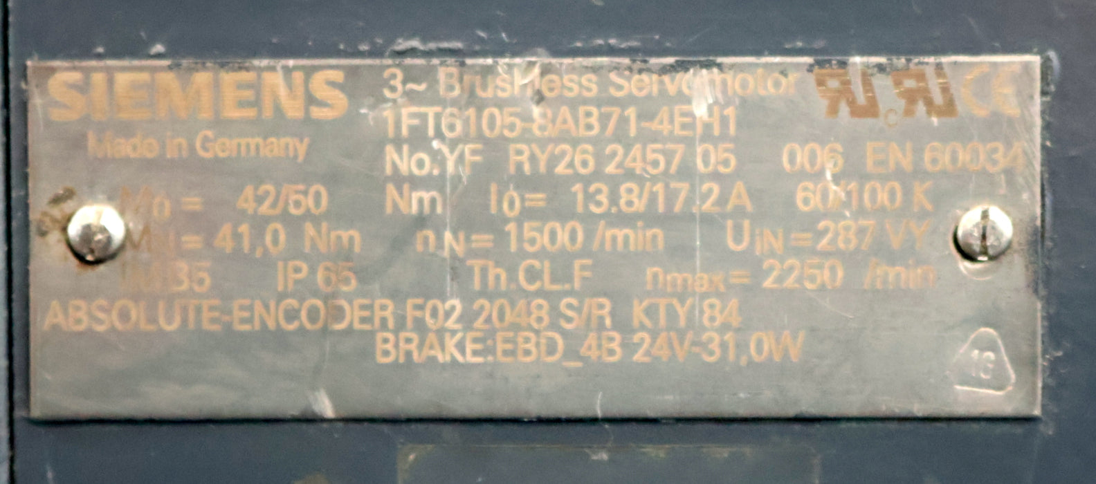 Bild des Artikels SIEMENS-Servomotor-1FT6105-8AB71-4EH1-Mo=-42/50Nm-MN=-41Nm-nmax=-2250U/min