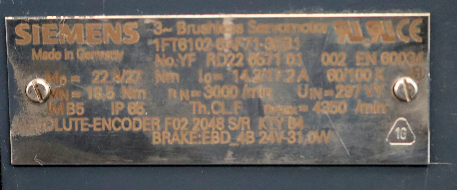 Bild des Artikels SIEMENS-Servomotor-1FT6102-8AF71-1EB1-Mo=-22,4/27Nm-MN=-18,5Nm-nmax=-4350U/min