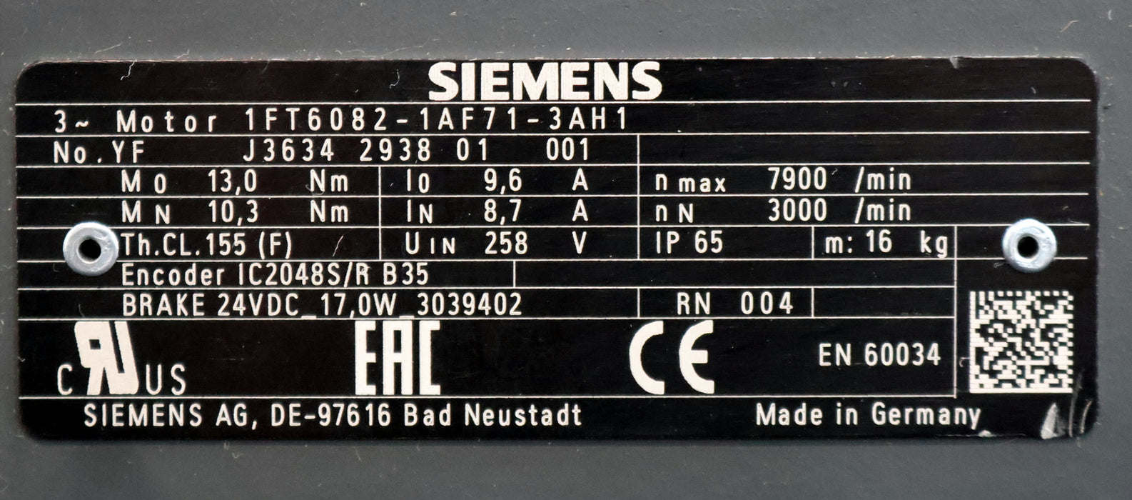 Bild des Artikels SIEMENS-Servomotor-1FT6082-1AF71-3AH1-Mo=-13Nm-MN=-10,3Nm-nmax=-7900U/min