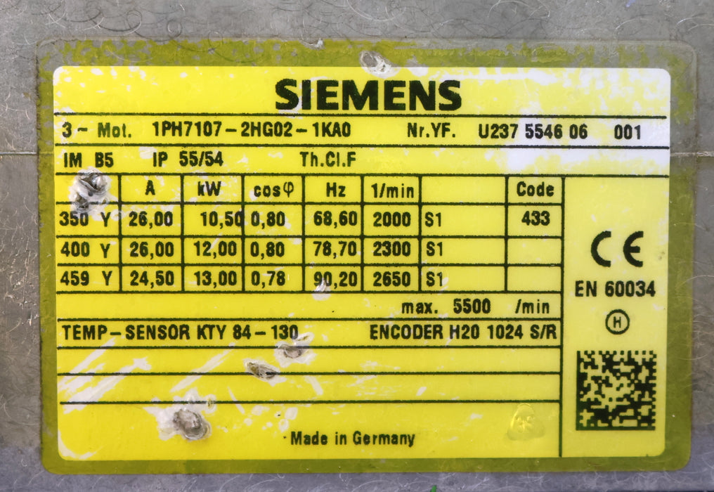 Bild des Artikels SIEMENS-Servomotor-1PH7107-2HG02-1KA0-350V-26A-10,5kW-68,6Hz-2000U/min
