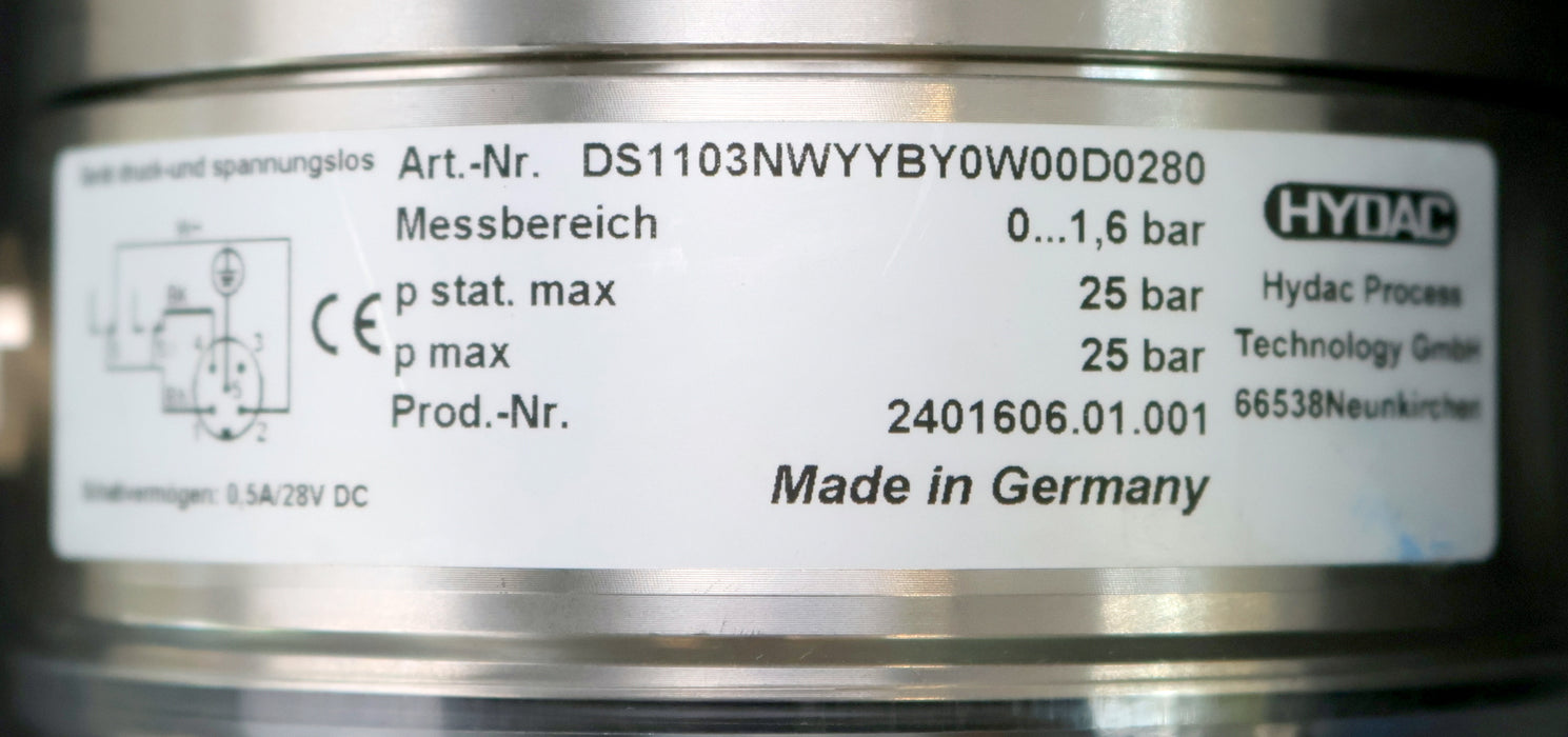 Bild des Artikels HYDAC-Druckschalter-DS1103NWYYBY0W00D0280-Messbereich-0-1,6bar-psta.max.-25bar
