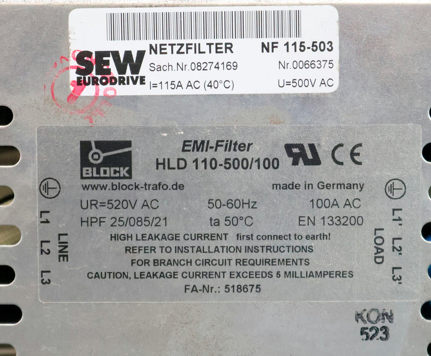 Bild des Artikels SEW-Netzfilter-NF-115-503-Sach-Nr.-08274169-I=-115A-BLOCK-TRAFO-EMI-Filter