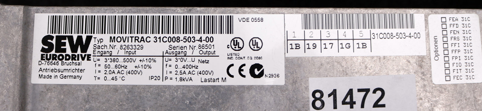 Bild des Artikels SEW-Frequenzumrichter-MOVITRAC-31C008-503-4-00-Sach-Nr.-8263329-U=-3x380-500V