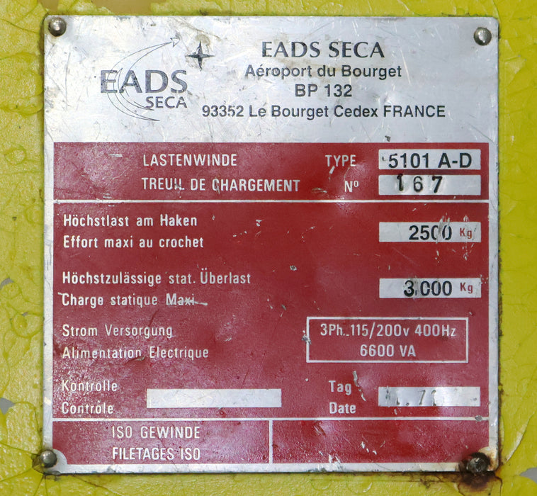 Bild des Artikels EADS-SECA-Lastenwinde-Type-5101-A-D-Höchstlast-am-Haken-2500kg---!-400Hz-!