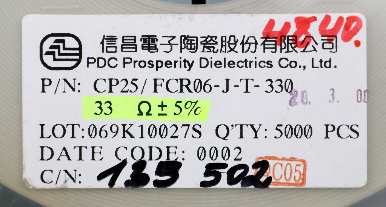 Bild des Artikels PDC-4900x-SMD-Widerstand-33Ω-1206-33-Ohm-Model-CP25/FCR06-J-T-330-069K10027S