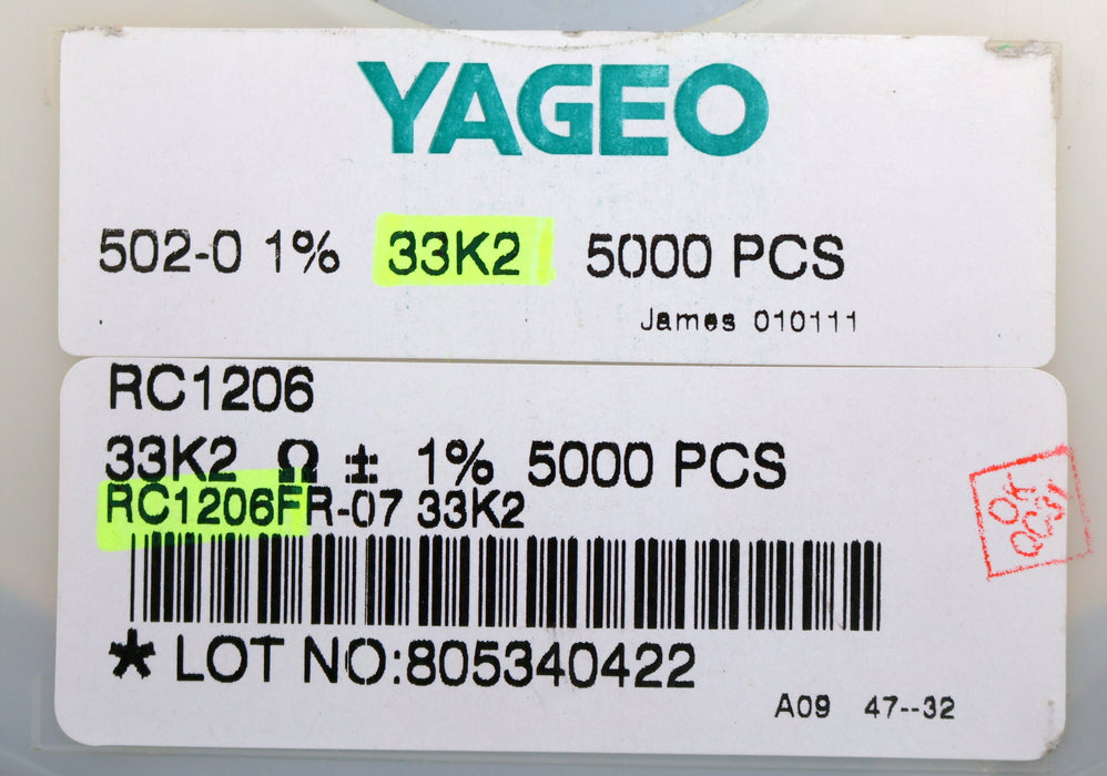 Bild des Artikels YAGEO-4500x-SMD-Widerstand-33,2kΩ-1206-33200-Ohm-Model-502-0-RC1206FR-07