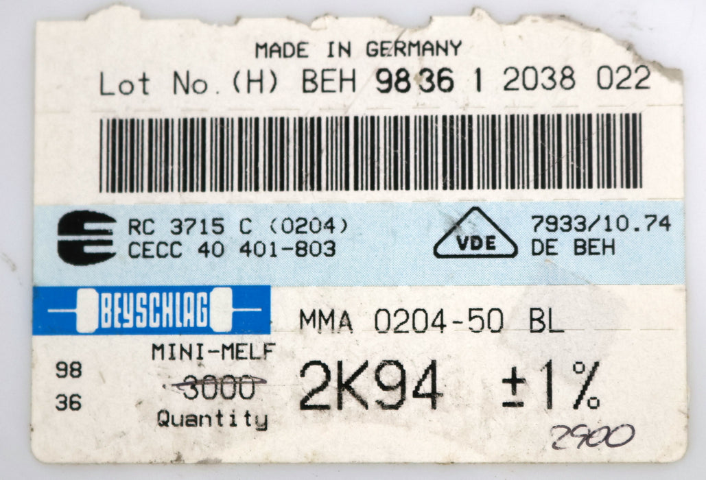Bild des Artikels BEYSCHLAG-2900x-SMD-Widerstand-2,94kΩ-MINI-MELF-2940-Ohm-Model-MMA-0204-50