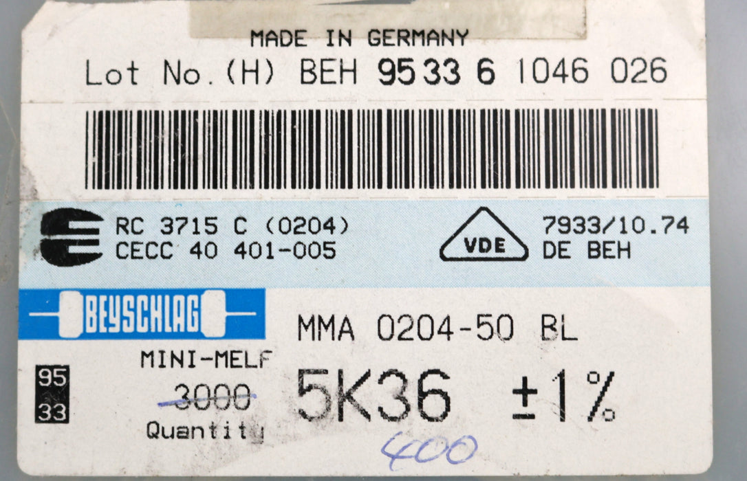 Bild des Artikels BEYSCHLAG-400x-SMD-Widerstand-5,36kΩ-MINI-MELF-5360-Ohm-Model-MMA-0204-50