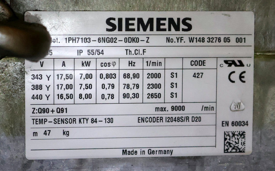 Bild des Artikels SIEMENS-Motor-1PH7103-6NG02-0DK0-Z-343V-7kW-IN=-17,5A-68,9Hz-2000U/min-388V