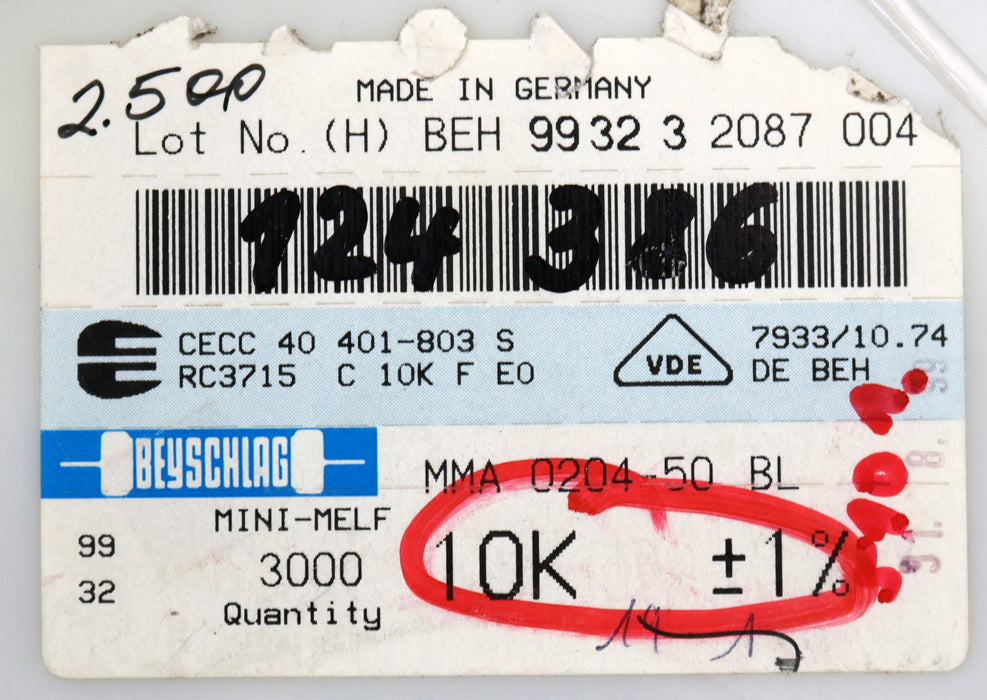 Bild des Artikels BEYSCHLAG-2500x-SMD-Widerstand-10kΩ-MINI-MELF-10000-Ohm-Model-MMA-0204-50