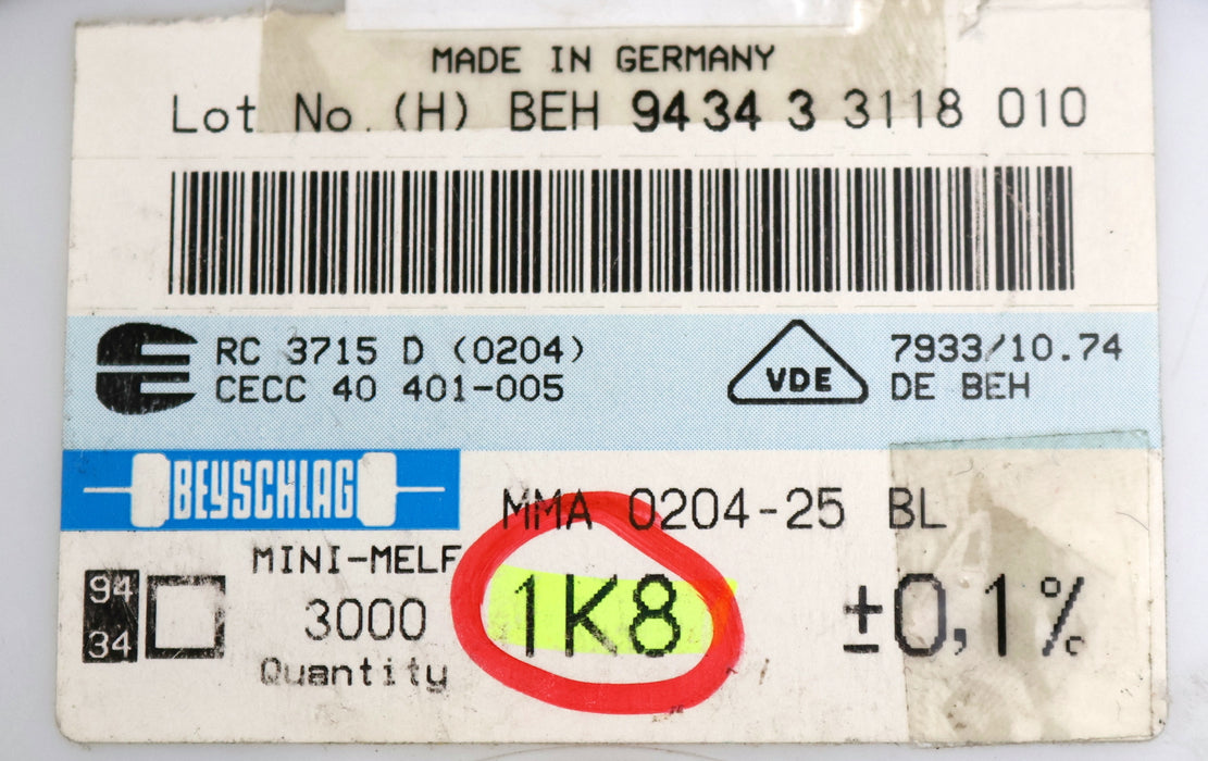 Bild des Artikels BEYSCHLAG-500x-SMD-Widerstand-1,8kΩ-MINI-MELF-1800-Ohm-Model-MMA-0204-25