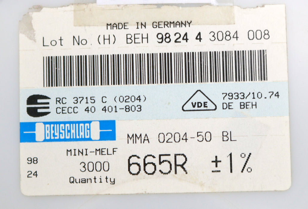 Bild des Artikels BEYSCHLAG-2500x-SMD-Widerstand-665Ω-MINI-MELF-665-Ohm-Model-MMA-0204-50