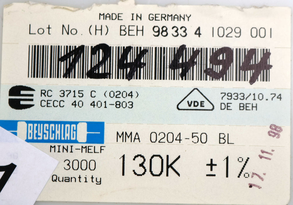 Bild des Artikels BEYSCHLAG-2500x-SMD-Widerstand-130kΩ-MINI-MELF-130000-Ohm-Model-MMA-0204-50