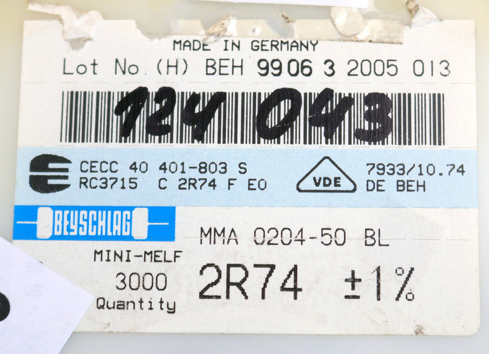 Bild des Artikels BEYSCHLAG-2000x-SMD-Widerstand-2,74Ω-MINI-MELF-2,74-Ohm-Model-MMA-0204-50
