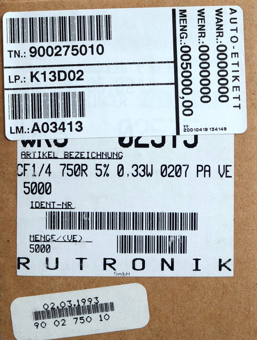 Bild des Artikels RUTRONIK-5000x-Metallschichtwiderstände-750Ω-CF1/4-0,33W-Toleranz-5%-Model-0207