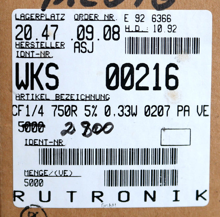 Bild des Artikels RUTRONIK-2800x-Metallschichtwiderstände-750Ω-CF1/4-0,33W-Toleranz-5%-Model-0207