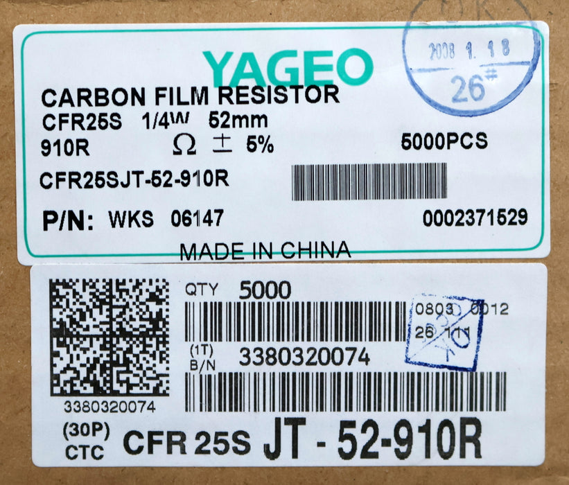 Bild des Artikels YAGEO-5000x-Metallschichtwiderstände-910Ω-CFR25SJT-52-910R-1/4W-52mm-910-Ohm