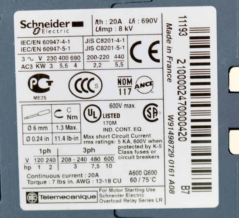 Bild des Artikels SCHNEIDER-ELECTRONIC-Schütz-LC1K1210B7-Spullenspannung-24V-50/60Hz-20A-690V-8kV