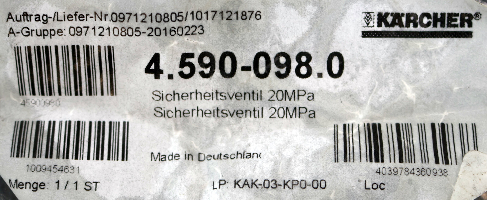 Bild des Artikels KÄRCHER-Sicherheitsventil-20MPa-Art.Nr.:-4.590-098.0-für-HDC-20-16-unbenutzt