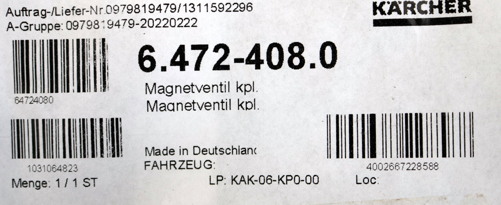 Bild des Artikels KÄRCHER-Magnetventil-kpl.-Art.Nr.:-6.472-408.0-zu-HDS-1295-unbenutzt
