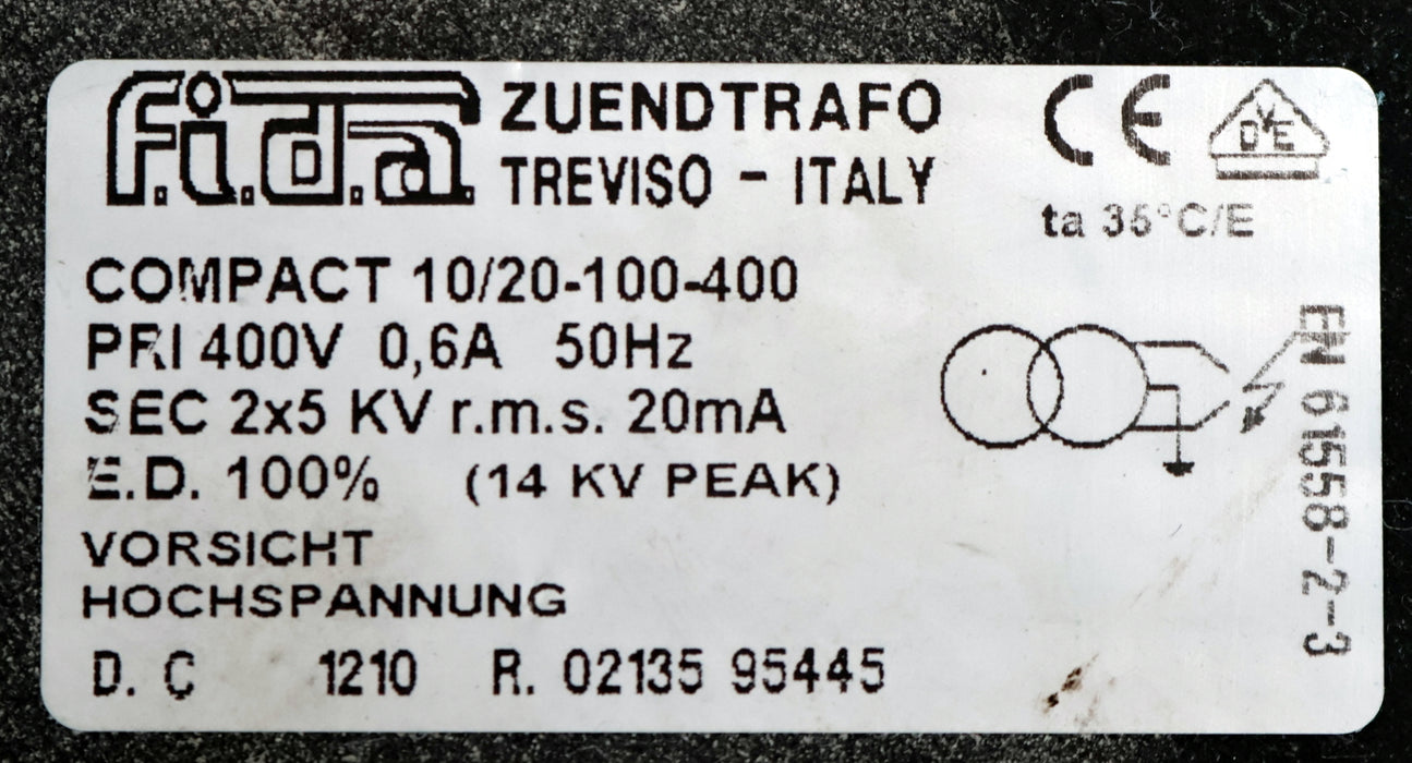 Bild des Artikels F.I.D.A.-Zündtransformator-Compact-10/20-100-400-PRI-400V-0,6A-50Hz