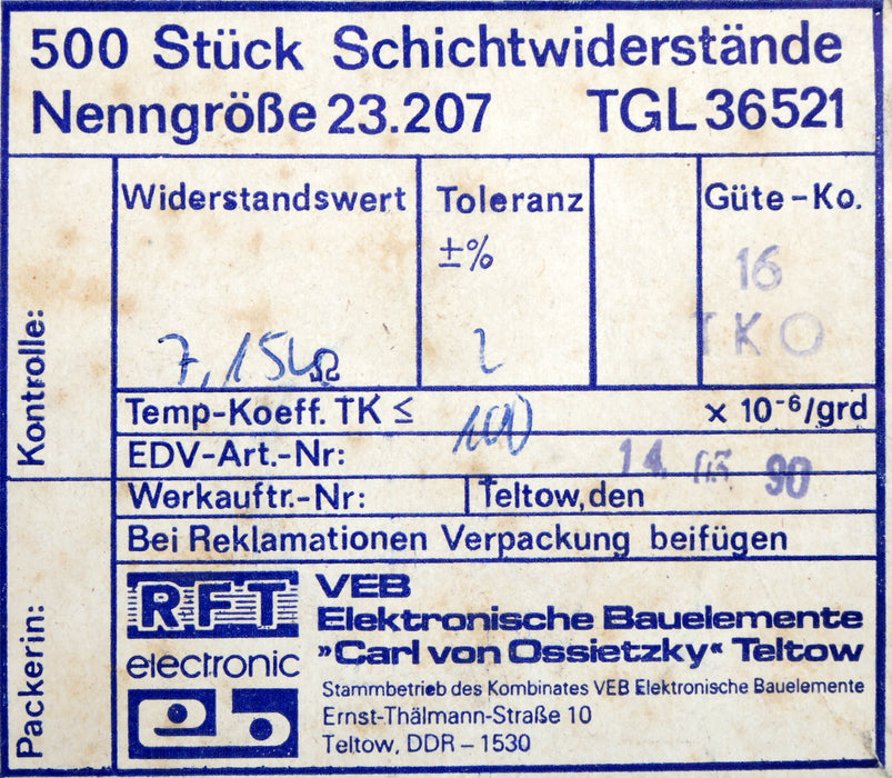 Bild des Artikels RFT-500x-Metallschichtwiderstände-7,15kΩ-Nenngröße-23.207-7150-Ohm-Toleranz-2%