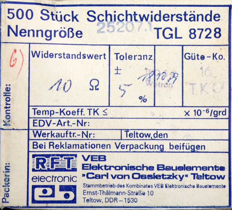 Bild des Artikels RFT-500x-Metallschichtwiderstände-10Ω-Nenngröße-25207.1-10-Ohm-Toleranz-5%